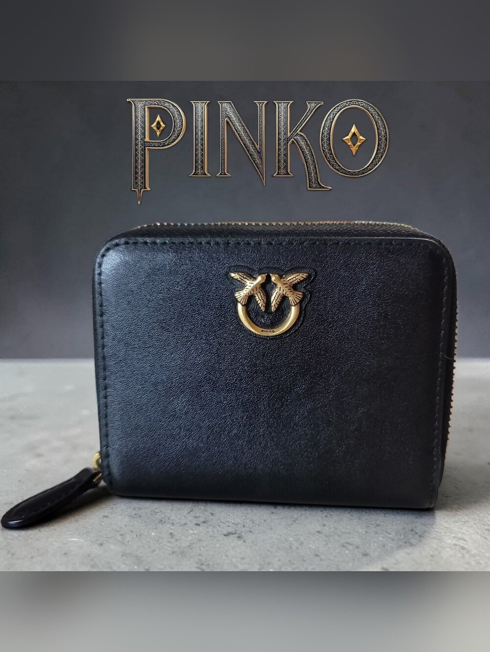 Pinko Black Leather Zip Wallet with Gold Bird Emblem EUC
